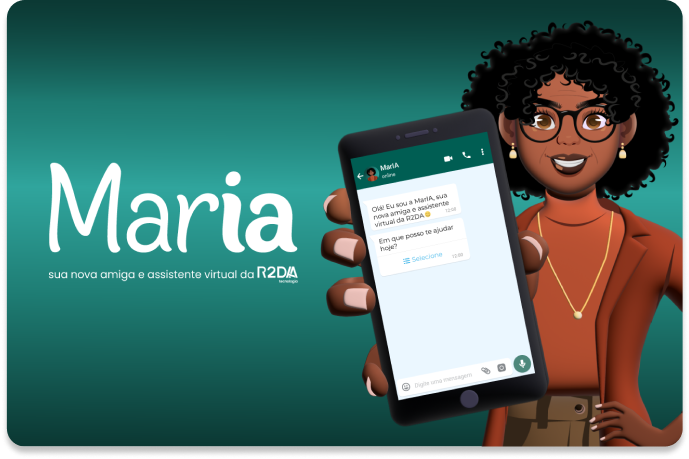 Imagem ilustrativa da Maria assistente virtual. Ela é uma pessoa negra, com cabelos cacheados e segura o celular com a tela virada para frente.