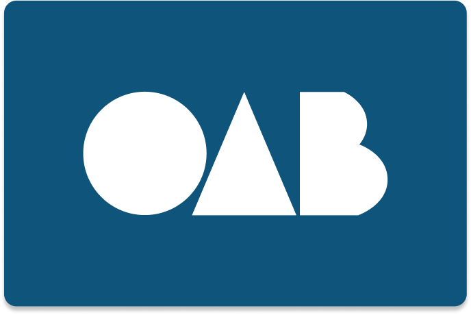 Imagem ilustrativa da logo OAB. Possui fundo azul escuro com escrito OAB em branco.