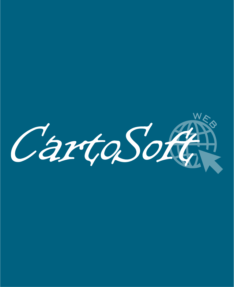 Logo do Cartosoft. Possui fundo azul turquesa com escrito Cartosoft em branco e uma imagem de um globo com seus meridianos.