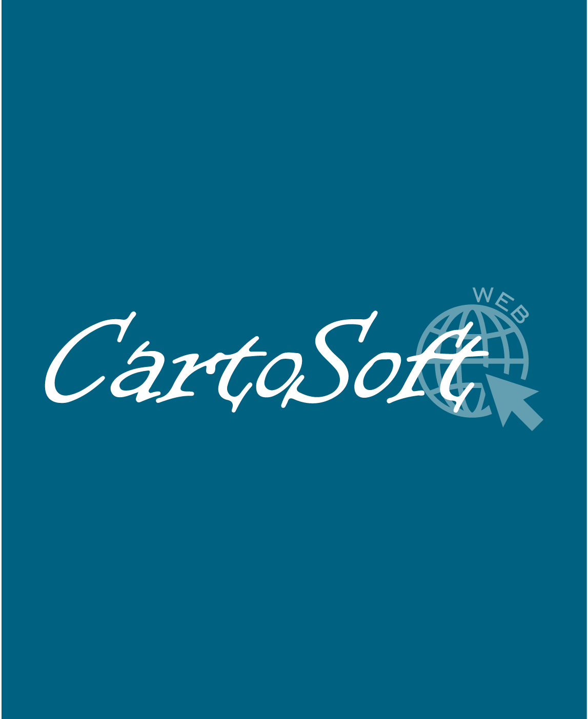 Logo do Cartosoft. Possui fundo azul turquesa com escrito Cartosoft em branco e uma imagem de um globo com seus meridianos.