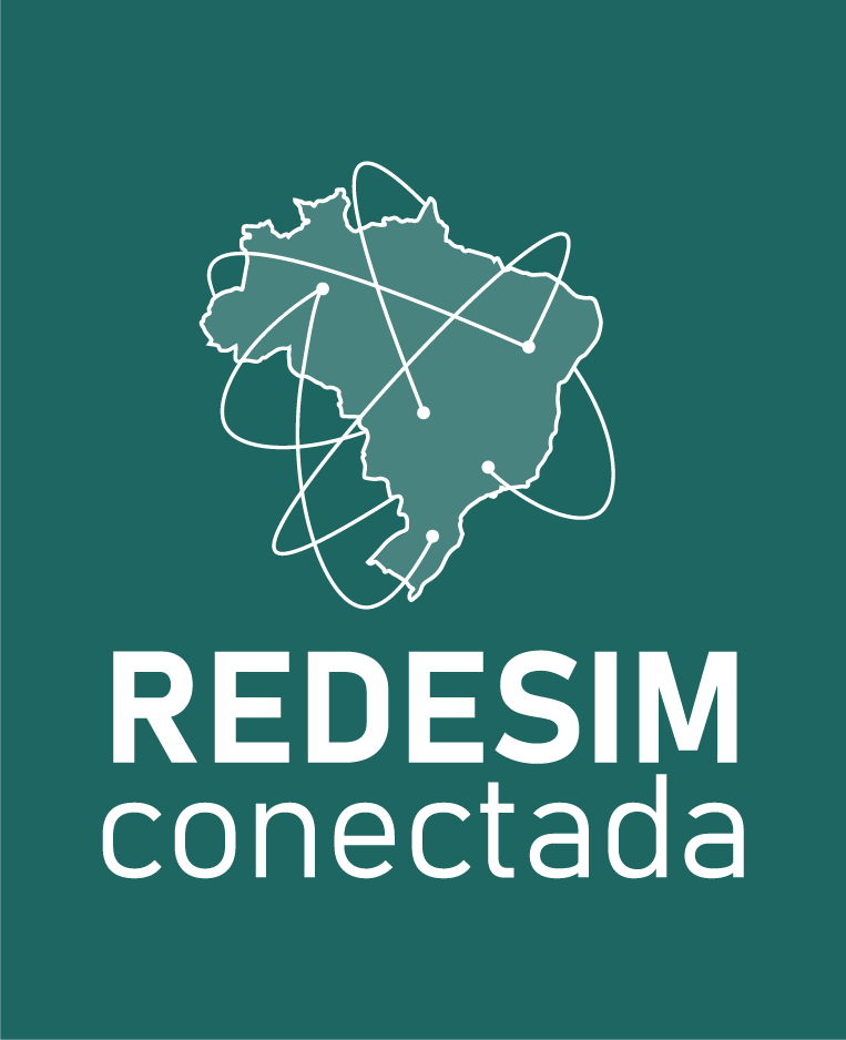 Logo da Redesim. Possui fundo verde escuro com uma imagem do mapa do brasil preenchida com um verde mais caro e abaixo escrito Redesim conectada em branco.