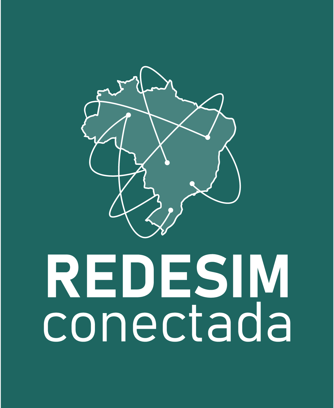 Logo da Redesim. Possui fundo verde escuro com uma imagem do mapa do brasil preenchida com um verde mais caro e abaixo escrito Redesim conectada em branco.